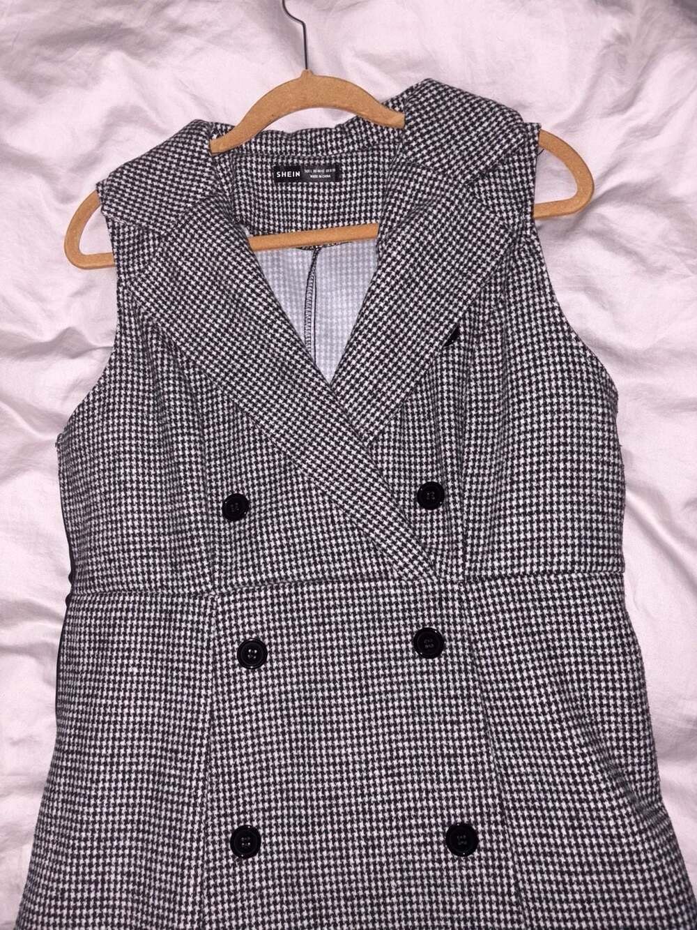 SHEIN Houndstooth Double Breasted Sleeveless Blazer Dress